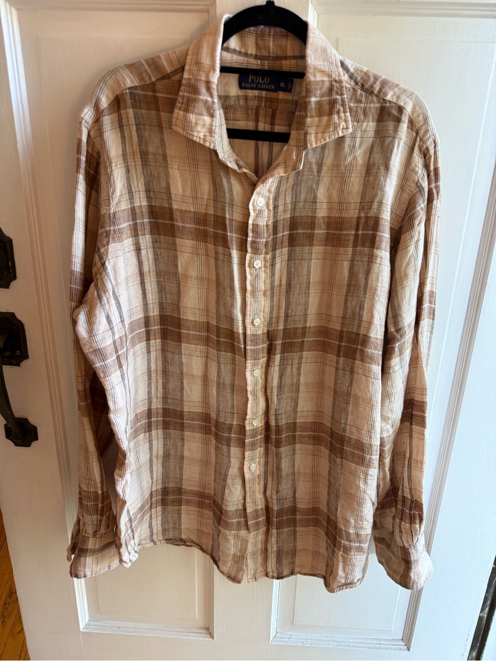 Ralph Lauren Linen Beige and Brown Plaid Button-Down Shirt